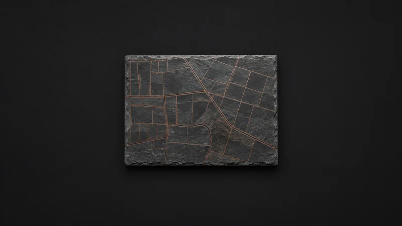 Abstract a grid of parcel boundaries etched in copper on a slate plate motif centred on a seamless deep charcoal near-black studio background, generous empty margin for overlaid branding