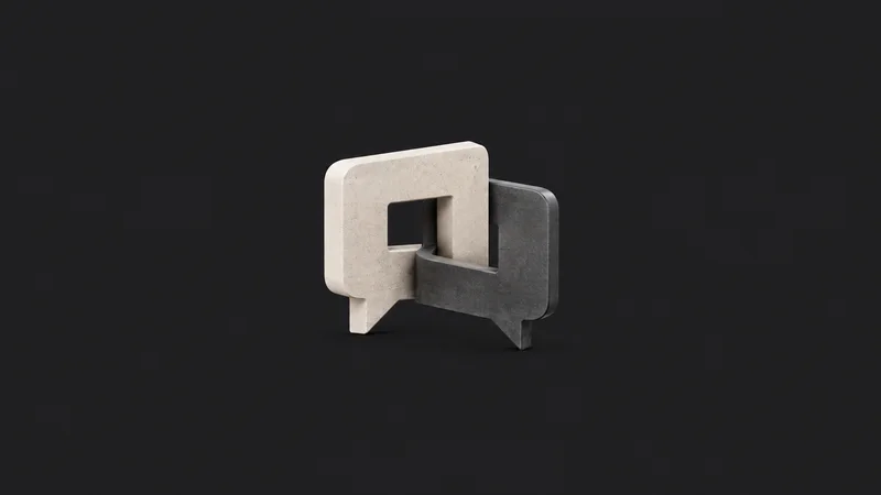 Abstract interlocking speech-bubble planes in two tones motif centred on a seamless deep charcoal near-black studio background, generous empty margin for overlaid branding