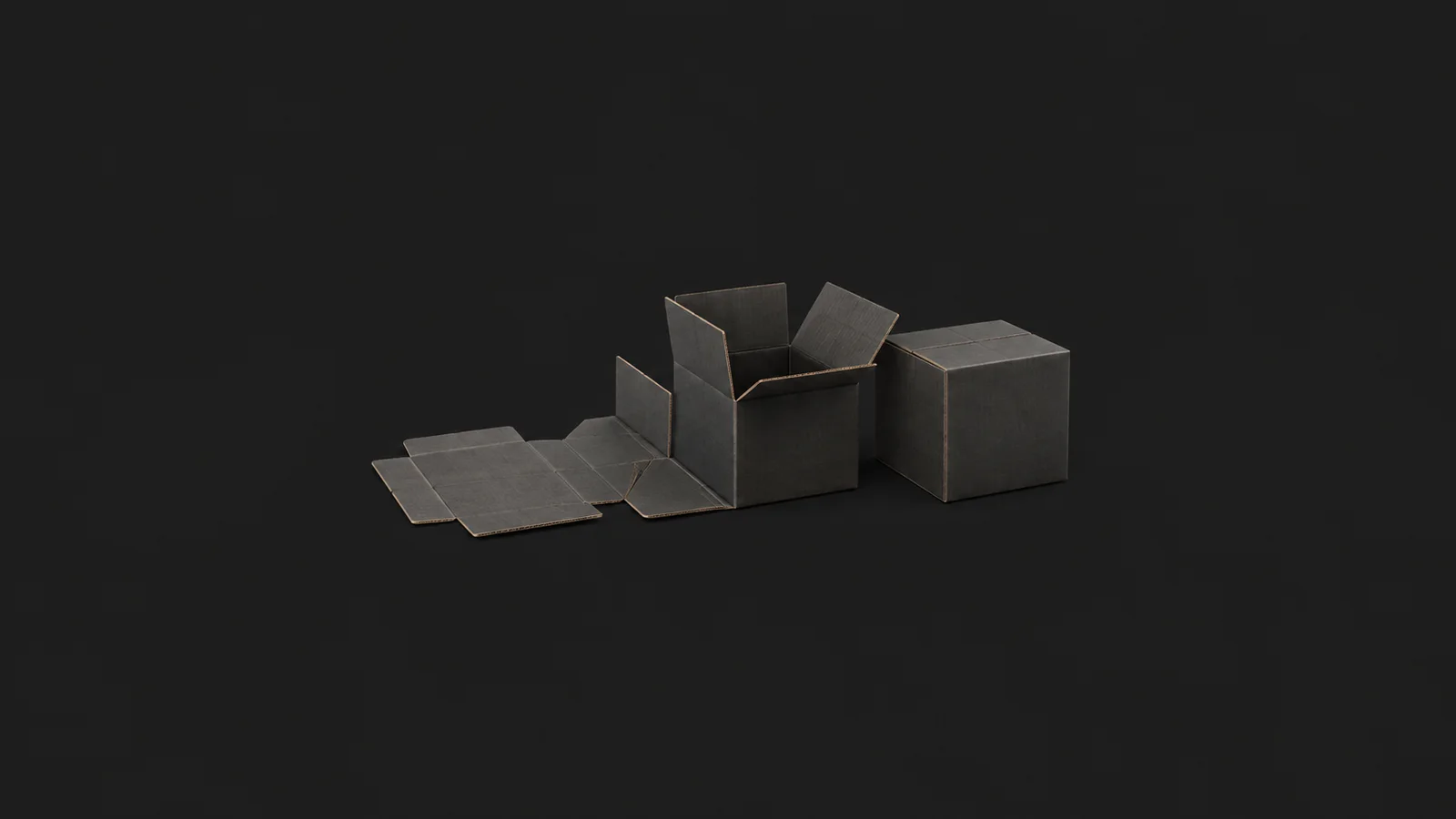 Abstract a flat-packed box unfolding into a solid cube in stages motif centred on a seamless deep charcoal near-black studio background, generous empty margin for overlaid branding