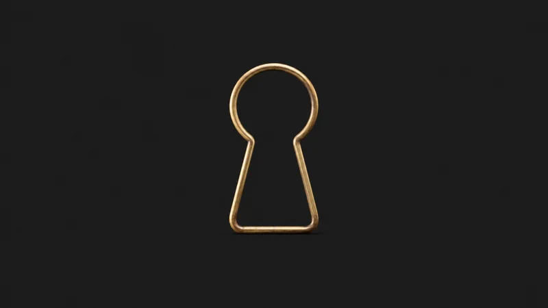 Abstract a keyhole outline formed from bent brass wire motif centred on a seamless deep charcoal near-black studio background, generous empty margin for overlaid branding