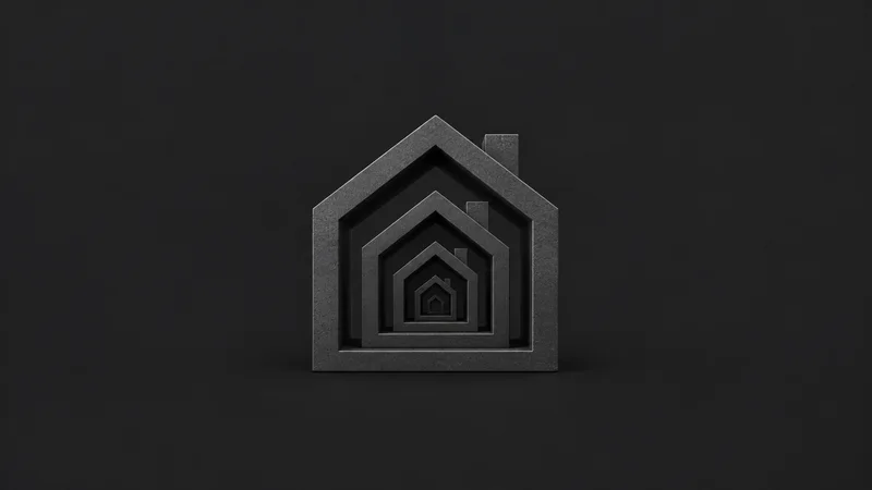 Abstract a nested set of house silhouettes shrinking to a central point motif centred on a seamless deep charcoal near-black studio background, generous empty margin for overlaid branding
