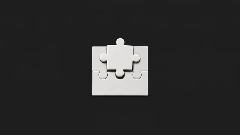 Abstract a jigsaw piece slotting into a gap in a plain white panel motif centred on a seamless deep charcoal near-black studio background, generous empty margin for overlaid branding
