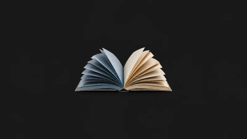 Abstract an open book whose pages diverge into two coloured halves motif centred on a seamless deep charcoal near-black studio background, generous empty margin for overlaid branding