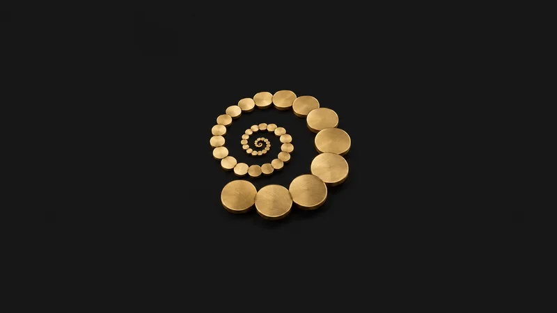 Abstract a compounding spiral of gold discs growing outward motif centred on a seamless deep charcoal near-black studio background, generous empty margin for overlaid branding