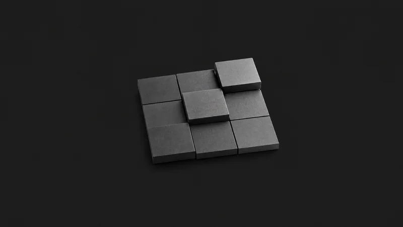 Abstract an interlocking grid of matte tiles lifting in sequence like a lesson plan motif centred on a seamless deep charcoal near-black studio background, generous empty margin for overlaid branding