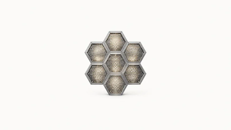 Abstract a honeycomb of perforated metal cells lit from behind motif centred on a seamless pale off-white studio background, generous empty margin for overlaid branding