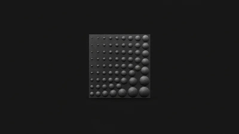Abstract a grid of halftone dots swelling in size across the frame motif centred on a seamless deep charcoal near-black studio background, generous empty margin for overlaid branding