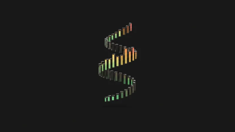 Abstract a spiral of floating audio-level segments climbing upward motif centred on a seamless deep charcoal near-black studio background, generous empty margin for overlaid branding