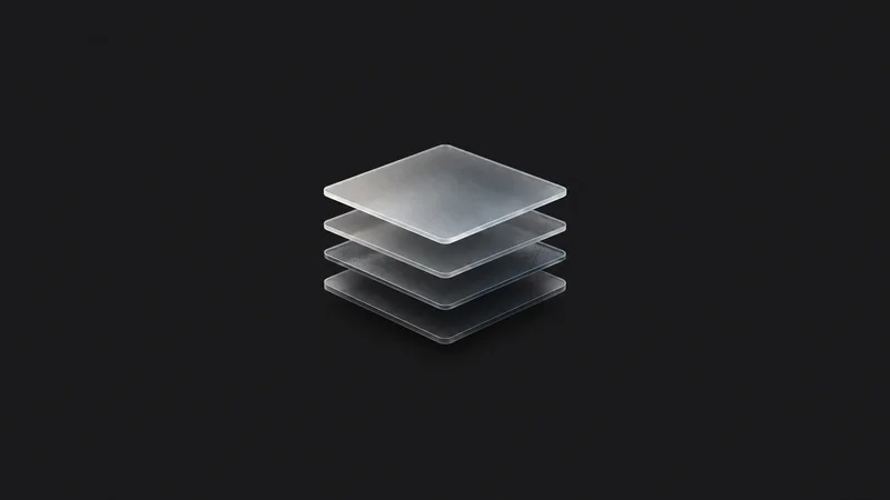 Abstract a stack of thin frosted panes lifting apart like software layers motif centred on a seamless deep charcoal near-black studio background, generous empty margin for overlaid branding