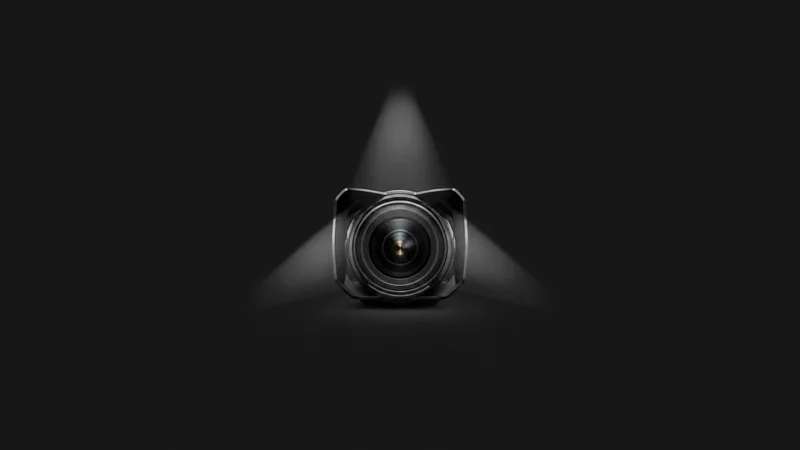 Abstract a trio of overlapping light cones converging on a centre motif centred on a seamless deep charcoal near-black studio background, generous empty margin for overlaid branding