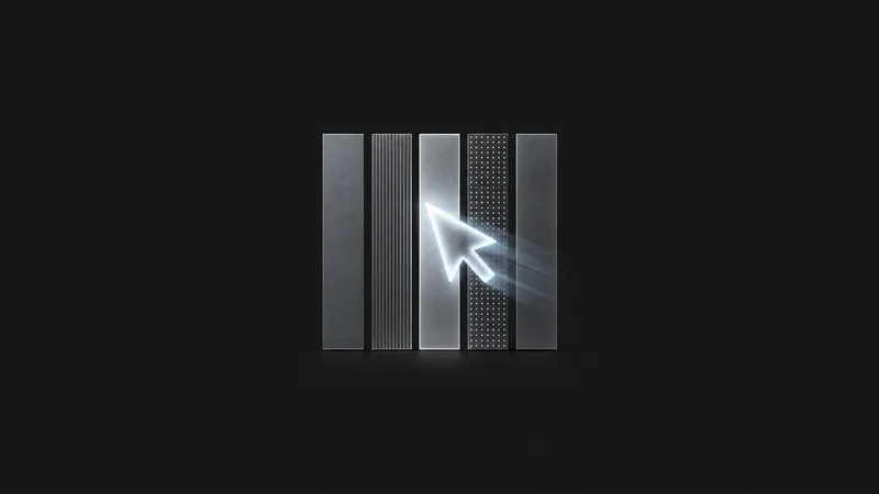 Abstract a cursor-like arrow of light gliding across ruled columns motif centred on a seamless deep charcoal near-black studio background, generous empty margin for overlaid branding