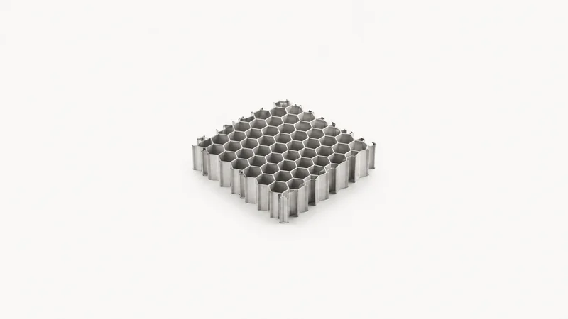 Abstract a honeycomb-core lattice of aluminium cells in raking light motif centred on a seamless pale off-white studio background, generous empty margin for overlaid branding