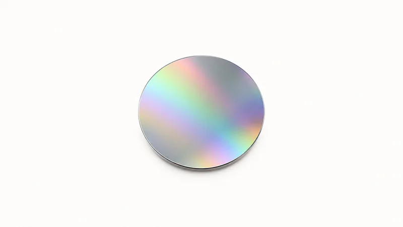 Abstract a diffraction-rainbow sheen across a mirror-polished disc motif centred on a seamless pale off-white studio background, generous empty margin for overlaid branding