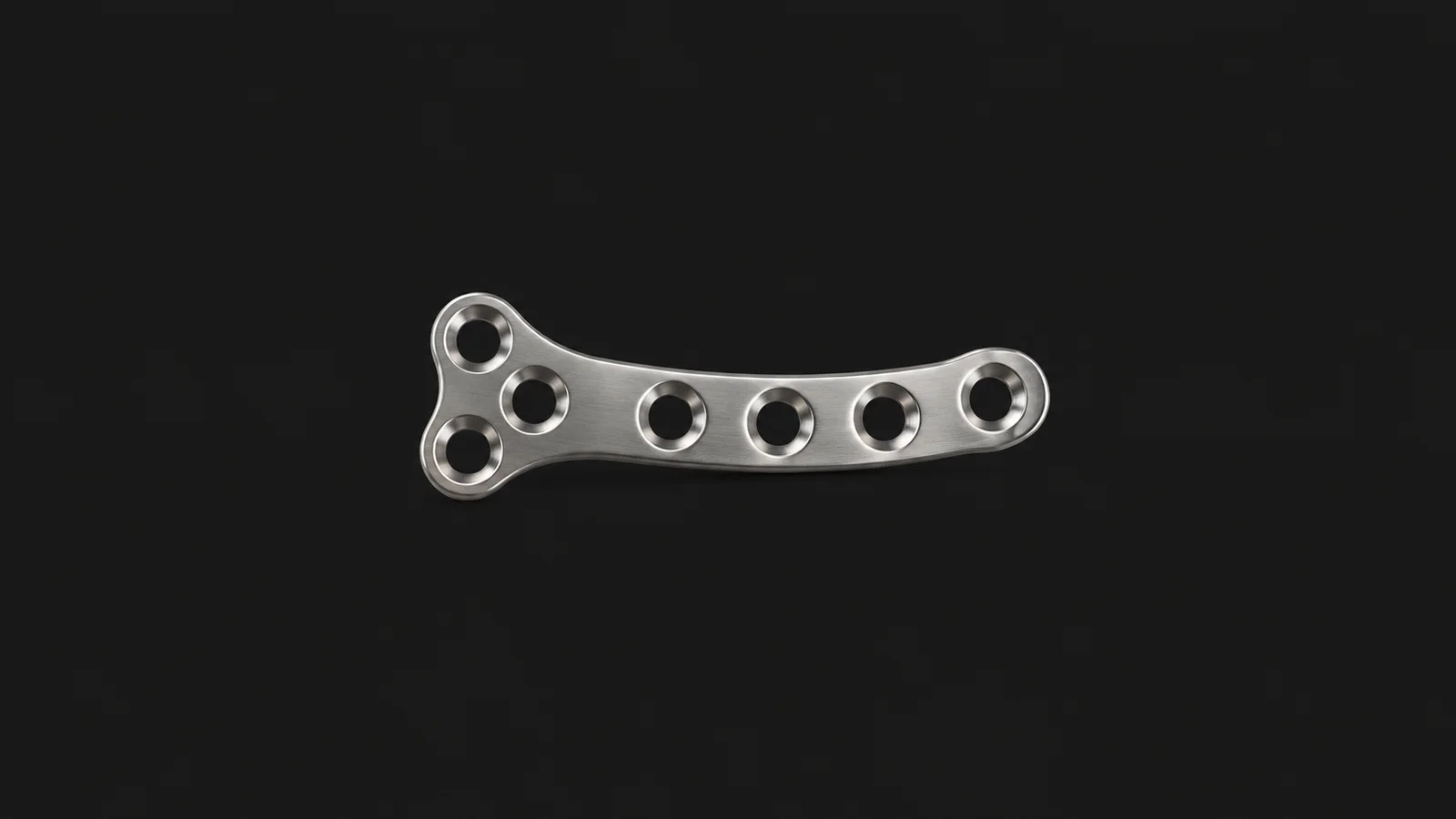 Abstract a pattern of bone-plate screw holes in brushed steel motif centred on a seamless deep charcoal near-black studio background, generous empty margin for overlaid branding