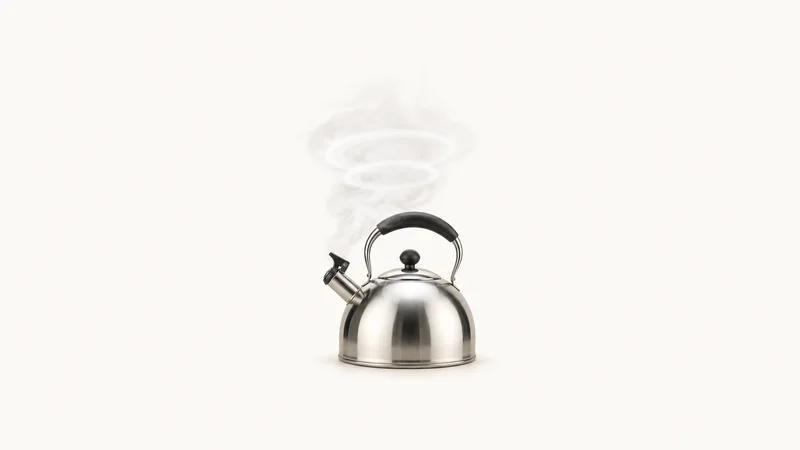 Abstract concentric rings of steam rising from a polished kettle motif centred on a seamless pale off-white studio background, generous empty margin for overlaid branding