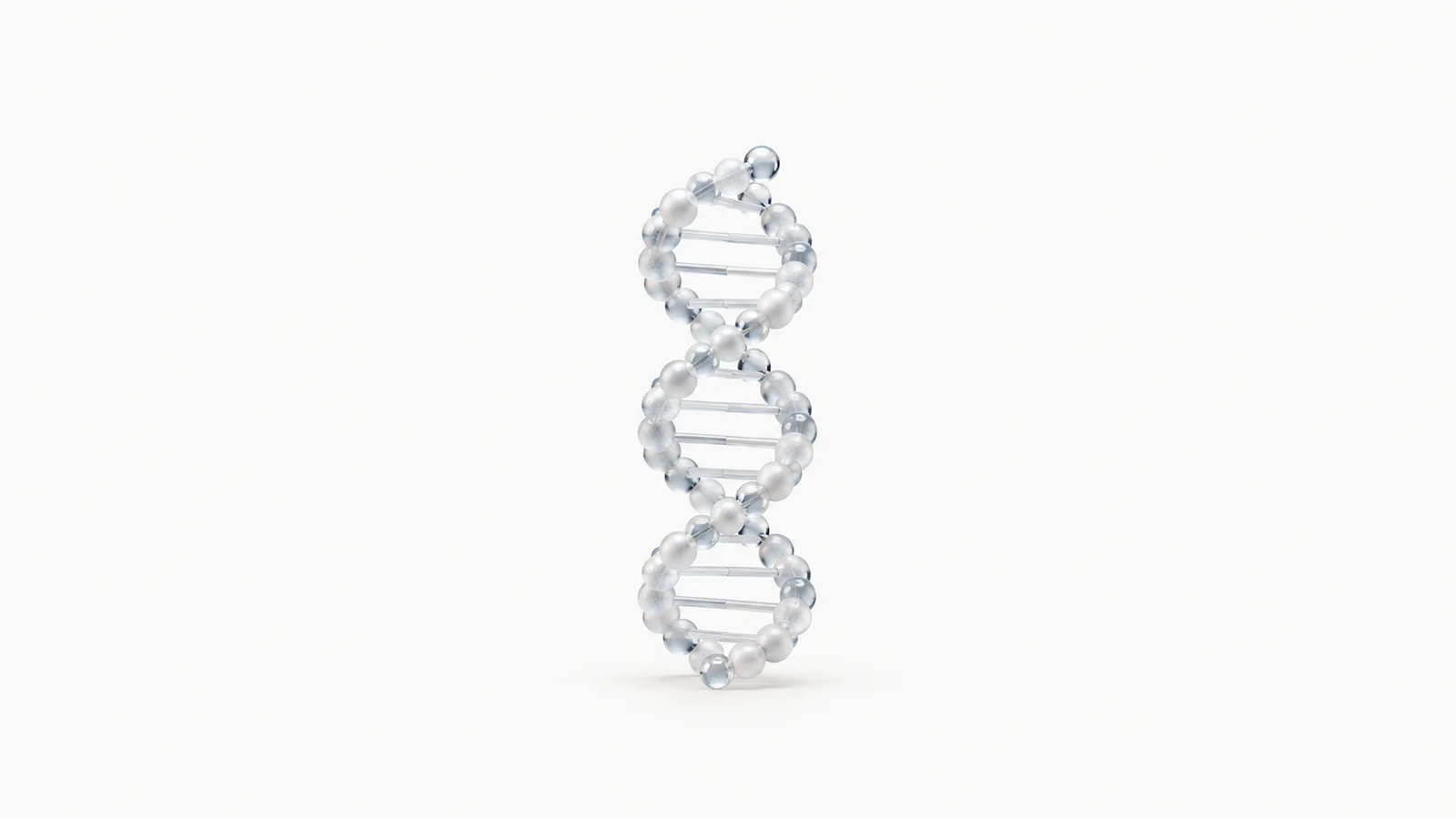 Abstract a double helix of frosted glass beads in sterile light motif centred on a seamless pale off-white studio background, generous empty margin for overlaid branding