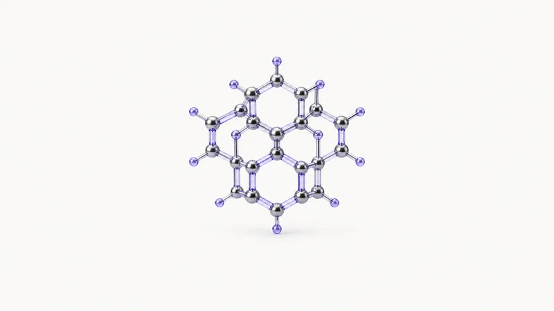 Abstract a lattice of hexagonal molecular rings in cool violet light motif centred on a seamless pale off-white studio background, generous empty margin for overlaid branding