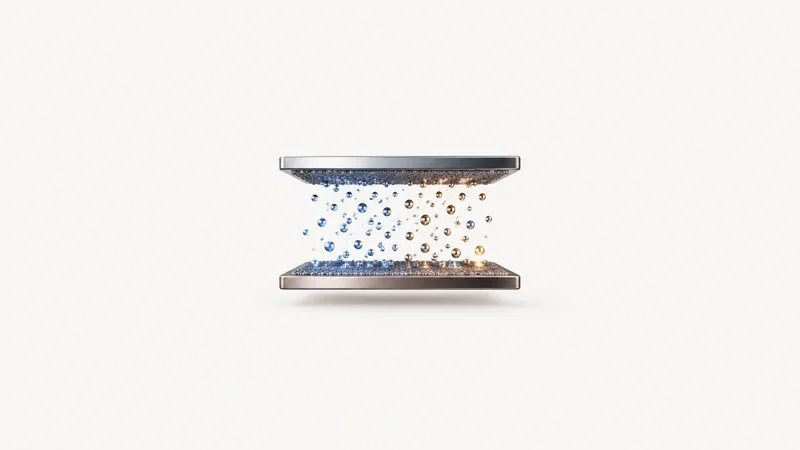 Abstract a field of charged particles streaming between two plates motif centred on a seamless pale off-white studio background, generous empty margin for overlaid branding