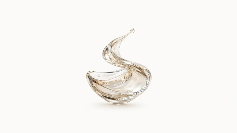 Abstract a swirl of translucent resin frozen mid-flow motif centred on a seamless pale off-white studio background, generous empty margin for overlaid branding