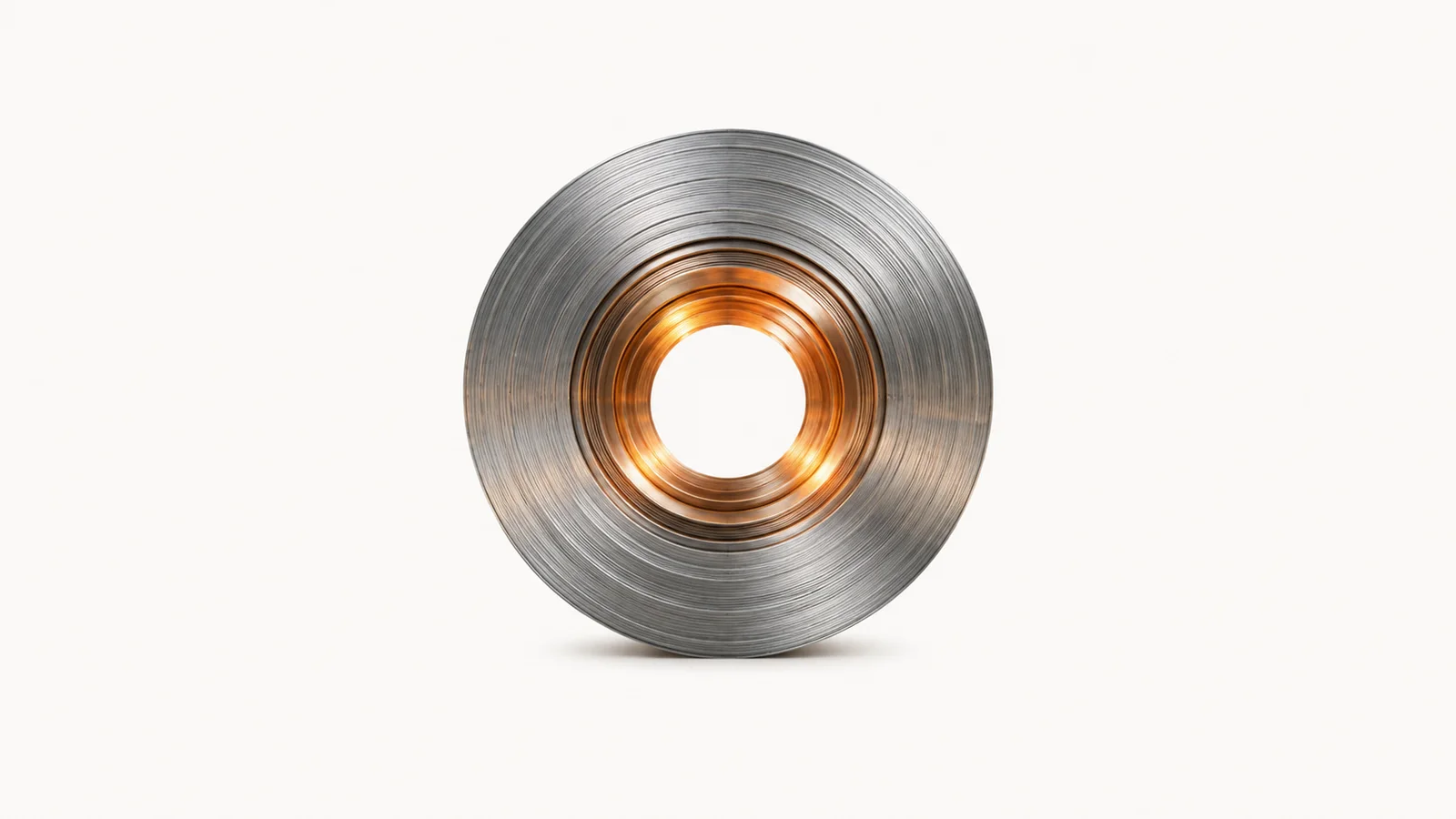 Abstract concentric rings of a glowing coil viewed end-on motif centred on a seamless pale off-white studio background, generous empty margin for overlaid branding