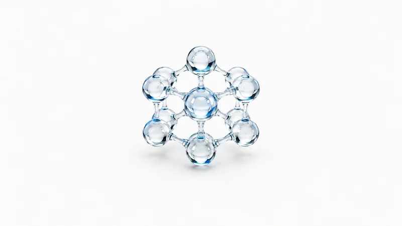 Abstract a lattice of clear spheres refracting cool blue light motif centred on a seamless pale off-white studio background, generous empty margin for overlaid branding