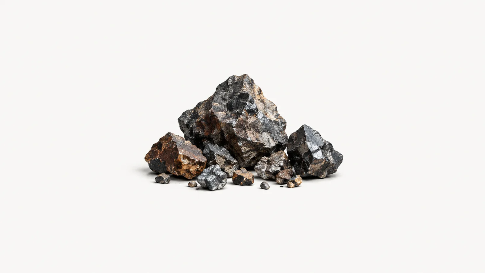 Abstract a scattering of ore fragments catching a single light motif centred on a seamless pale off-white studio background, generous empty margin for overlaid branding