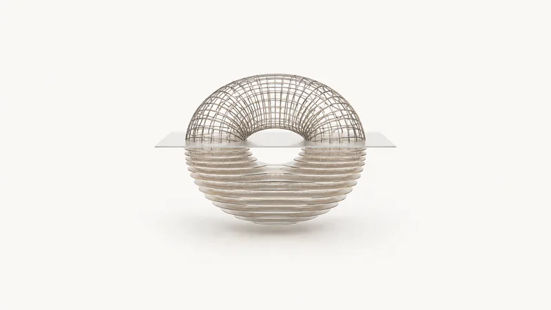 Abstract a slicing plane cutting a wireframe torus into thin horizontal contours motif centred on a seamless pale off-white studio background, generous empty margin for overlaid branding