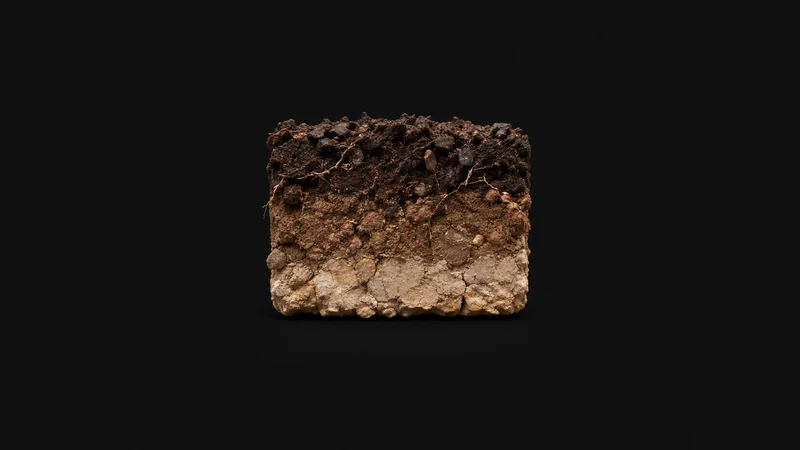 Abstract a soil-horizon cross-section banded from dark loam to pale clay motif centred on a seamless deep charcoal near-black studio background, generous empty margin for overlaid branding