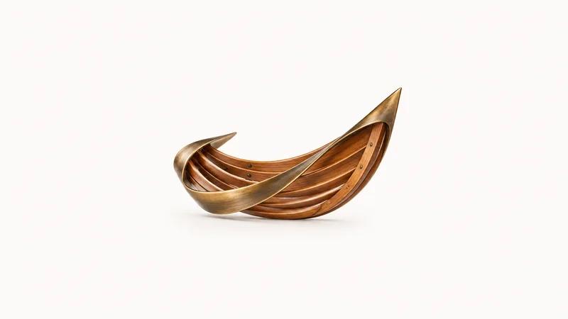 Abstract a bronze-and-varnished-timber grain flowing in one sweeping curve motif centred on a seamless pale off-white studio background, generous empty margin for overlaid branding