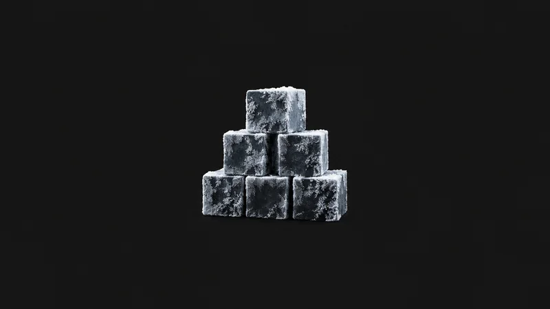 Abstract a cascade of rime-coated cubes in stacked rows motif centred on a seamless deep charcoal near-black studio background, generous empty margin for overlaid branding