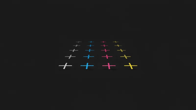 Abstract a spread of registration cross-marks receding into perspective motif centred on a seamless deep charcoal near-black studio background, generous empty margin for overlaid branding