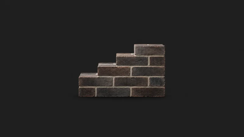Abstract a stepped stack of stretcher-bond brick courses rising diagonally motif centred on a seamless deep charcoal near-black studio background, generous empty margin for overlaid branding
