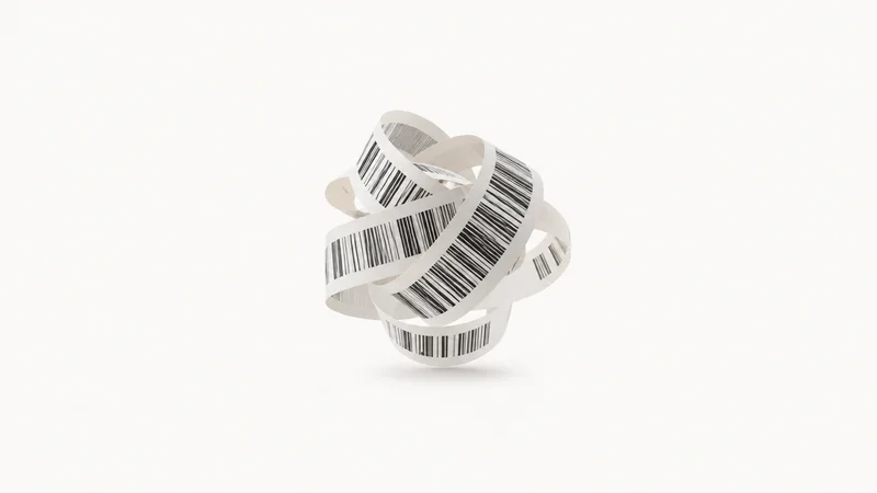 Abstract a spinning cluster of thermal-label barcodes without readable digits motif centred on a seamless pale off-white studio background, generous empty margin for overlaid branding