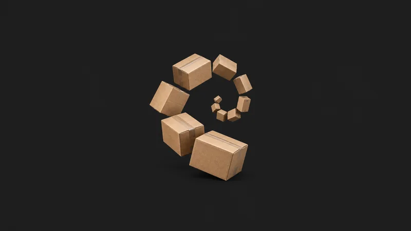 Abstract a scattering of cardboard box silhouettes in a spiral pattern motif centred on a seamless deep charcoal near-black studio background, generous empty margin for overlaid branding