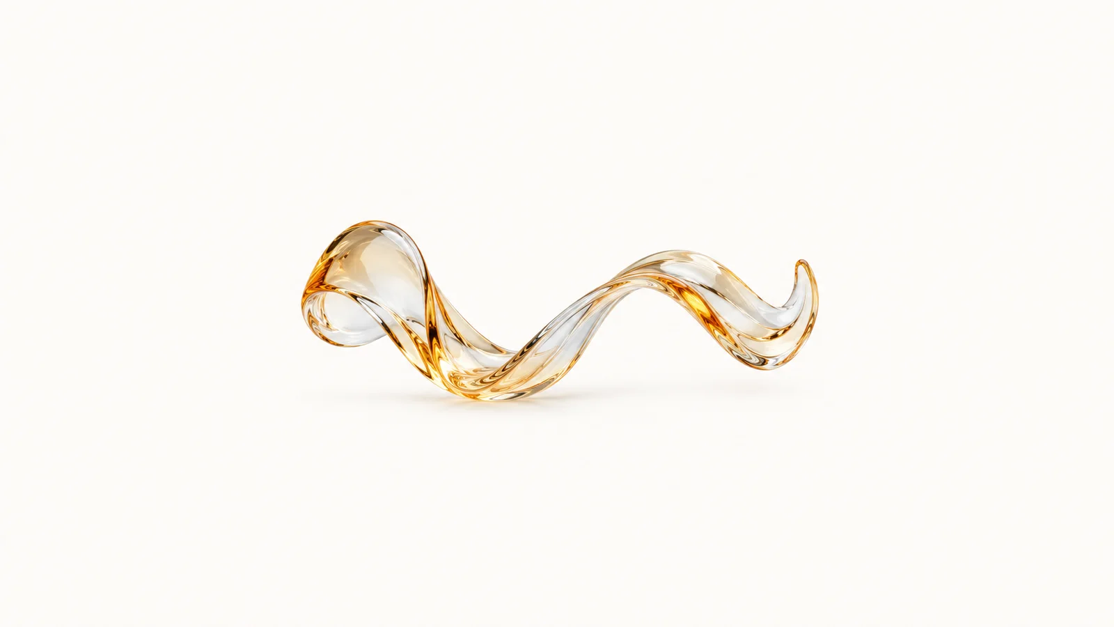 Abstract a stretched ribbon of glowing glass twisting across the frame motif centred on a seamless pale off-white studio background, generous empty margin for overlaid branding