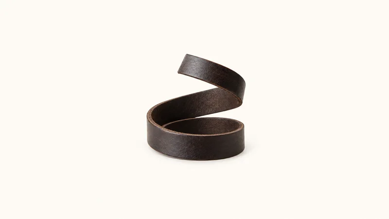 Abstract a coiled strap of dark leather looping into a spiral motif centred on a seamless pale off-white studio background, generous empty margin for overlaid branding