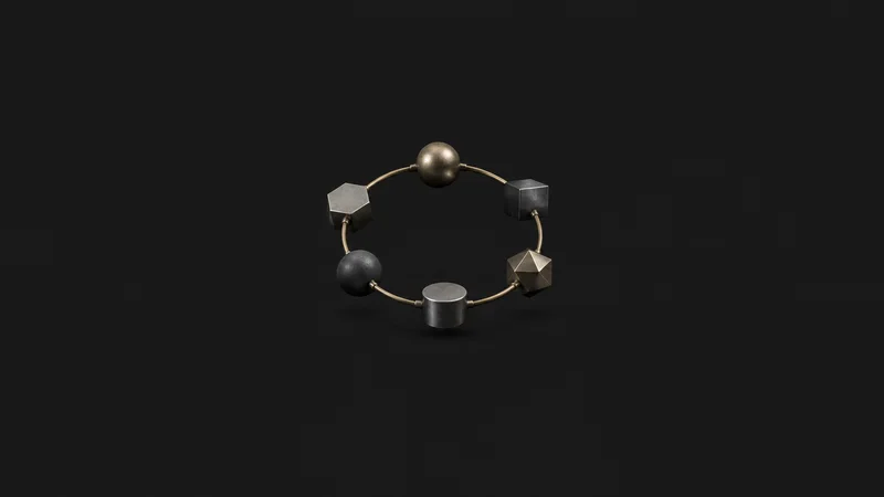 Abstract a looped chain of supply-chain nodes linked by curved lines motif centred on a seamless deep charcoal near-black studio background, generous empty margin for overlaid branding