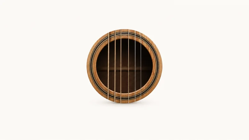 Abstract a set of parallel guitar strings catching light over a dark soundhole motif centred on a seamless pale off-white studio background, generous empty margin for overlaid branding