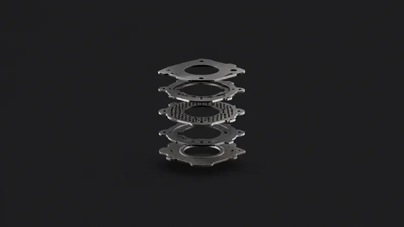Abstract an exploded stack of stamped metal layers hovering in alignment motif centred on a seamless deep charcoal near-black studio background, generous empty margin for overlaid branding