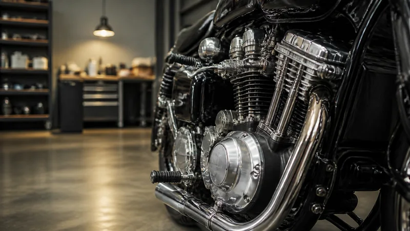 Close, clean detail of the detailed motorcycle engine and chrome, soft even indoor light, no people in frame