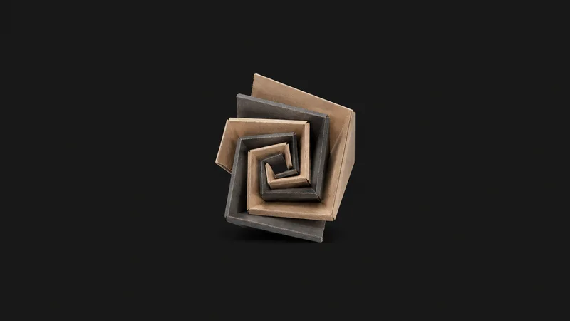 Abstract a stepped stack of nested carton corners spiralling inward motif centred on a seamless deep charcoal near-black studio background, generous empty margin for overlaid branding
