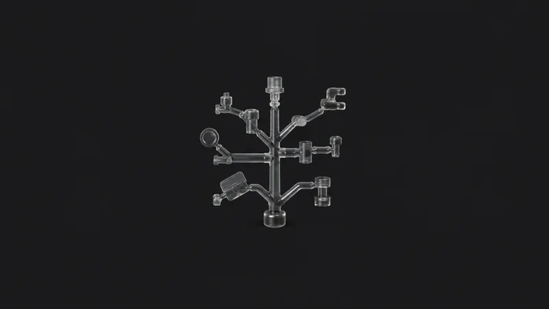 Abstract a branching sprue-and-runner tree of translucent resin motif centred on a seamless deep charcoal near-black studio background, generous empty margin for overlaid branding
