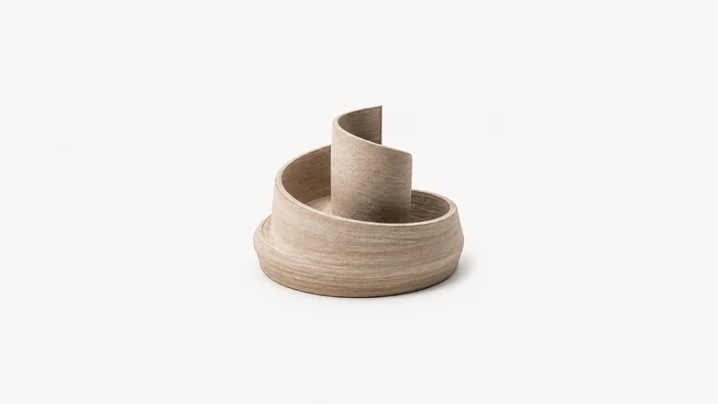 Abstract a spiral of thrown clay walls rising from a wheel head motif centred on a seamless pale off-white studio background, generous empty margin for overlaid branding