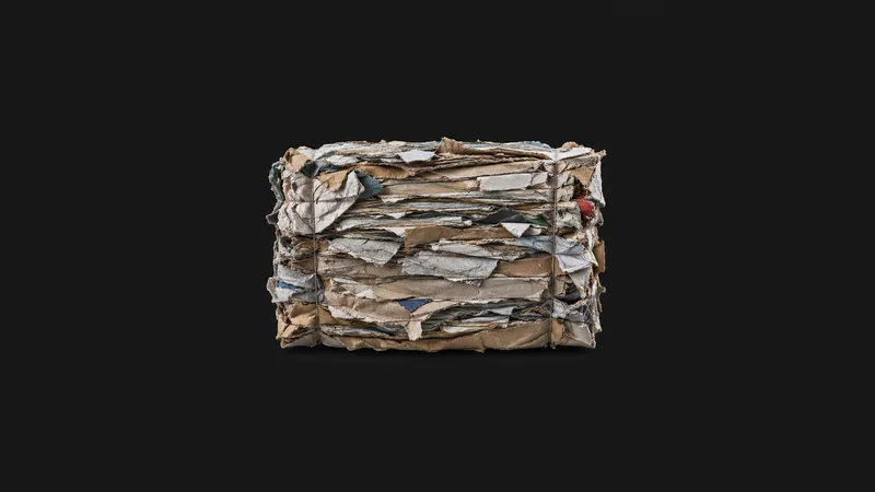 Abstract strata of layered baled paper edges in cross-section motif centred on a seamless deep charcoal near-black studio background, generous empty margin for overlaid branding