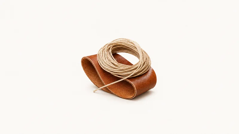 Abstract a coil of waxed linen thread over burnished leather grain motif centred on a seamless pale off-white studio background, generous empty margin for overlaid branding