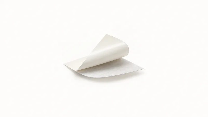 Abstract a ribbon of cut vinyl peeling from its liner motif centred on a seamless pale off-white studio background, generous empty margin for overlaid branding