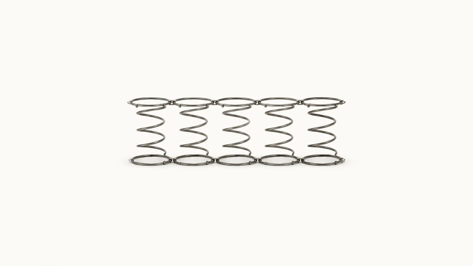 Abstract a row of coiled seat springs in strict alignment motif centred on a seamless pale off-white studio background, generous empty margin for overlaid branding