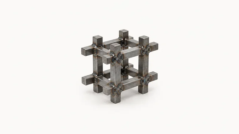 Abstract a lattice of tack-welded steel bars motif centred on a seamless pale off-white studio background, generous empty margin for overlaid branding
