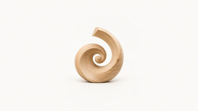 Abstract a spiral of turned wood grain on a lathe blank motif centred on a seamless pale off-white studio background, generous empty margin for overlaid branding