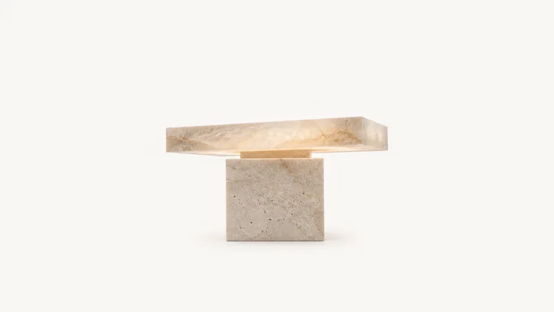 Abstract a cantilevered slab of translucent stone hovering over a plinth motif centred on a seamless pale off-white studio background, generous empty margin for overlaid branding